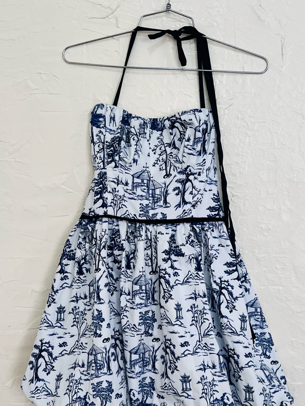 Toile Print Halter Bubble Hem Mini Dress Juniors L Women’s S Coquette
